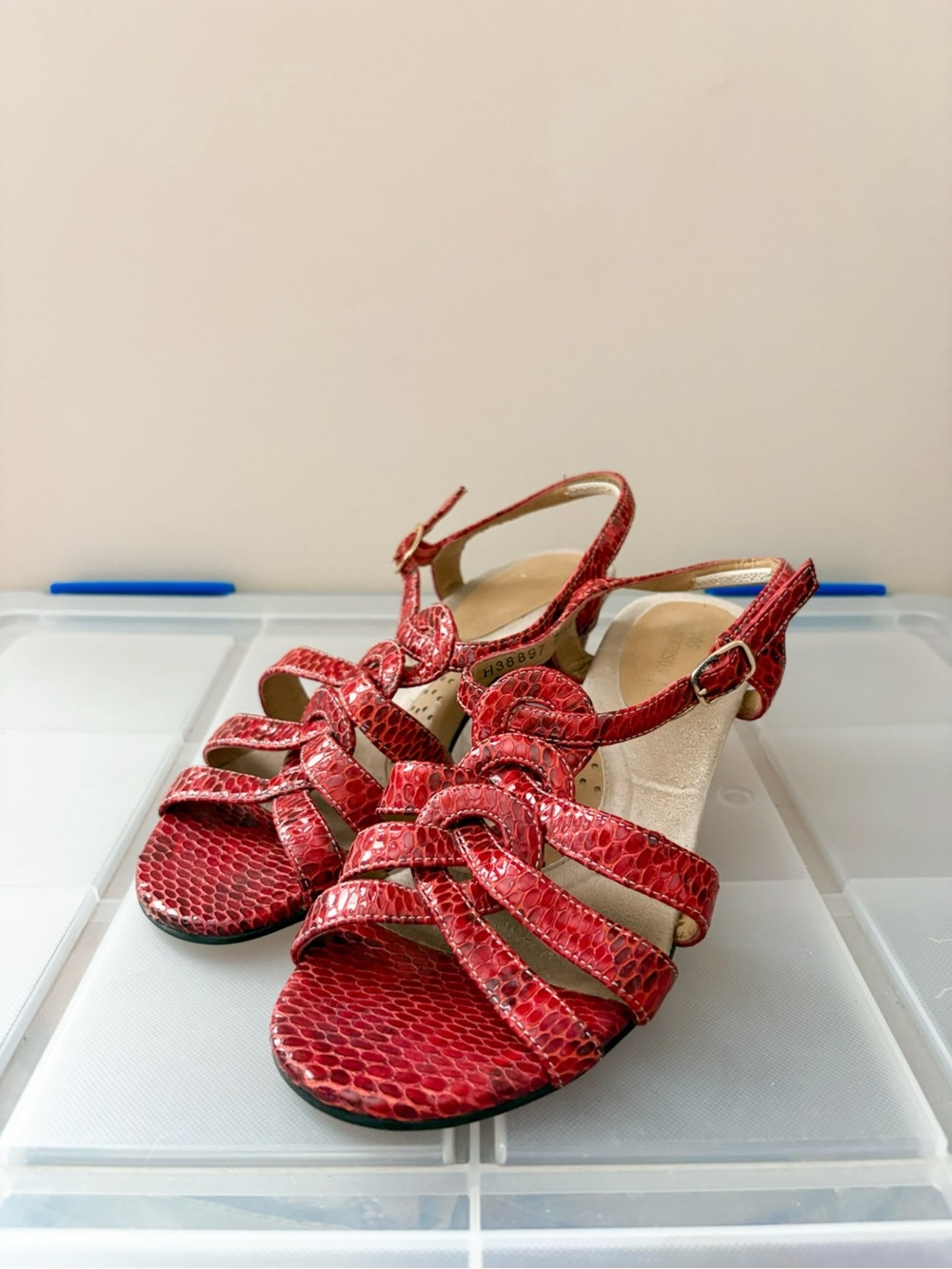 Ros Hommerson Red Snakeskin Embossed Strappy Wedge Sandals